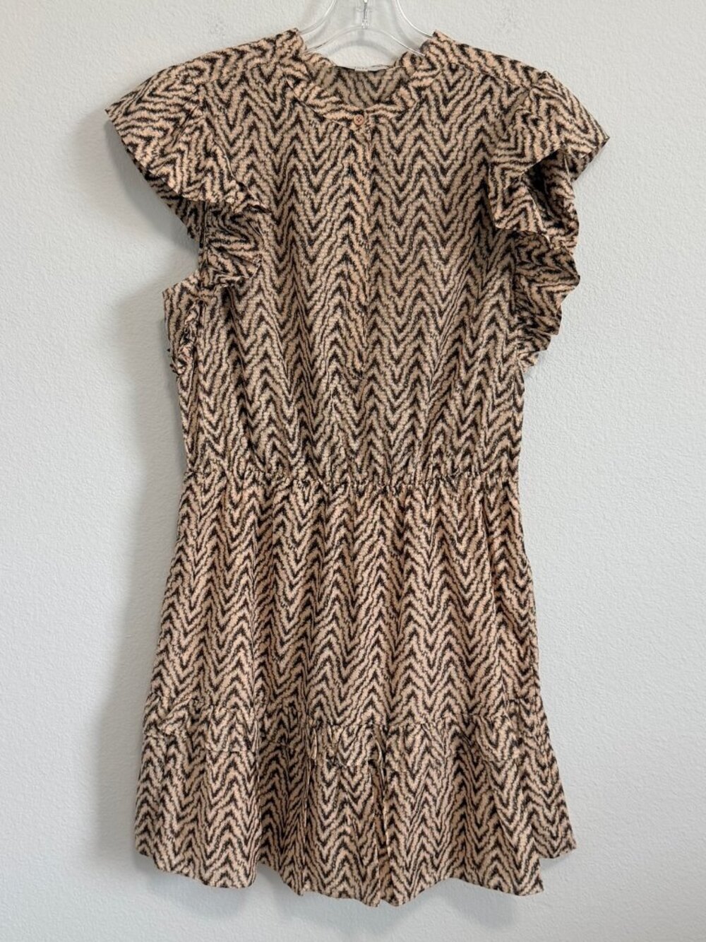 Joie Short Flutter Sleeve Round Neck Zig-Zag Print Tiered Dress Women's Size L